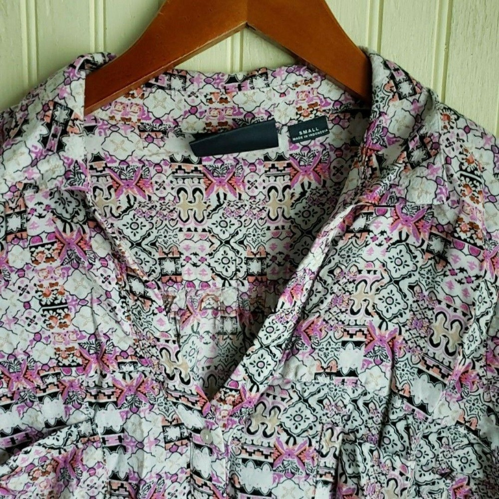 Maeve Blouse Womens Small Pink Geometric Print V‎ Neck Long Sleeve Tunic Top
